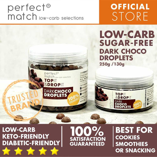 Perfectmatch Low-carb Dark Choco Droplets is a Low-carb, Sugar-Free, Keto-Friendly, Diabetic-Friendly Chocolate droplet best for smoothies, baking or simply for snacking and made low-carb. Created by Low-carb practitioners and enthusiasts, Perfectmatch Low-carb Selections is a trusted brand in the Low-carb and Keto community.