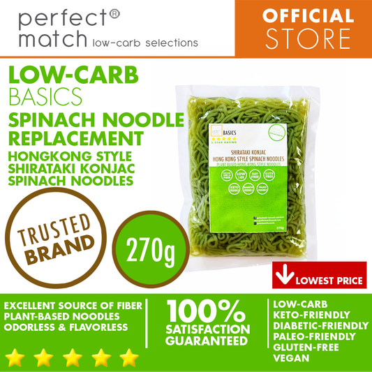 PerfectMatch Low-carb® l Shirataki Konjac Hong Kong Style Spinach Noodle I Low-carb l Keto-Friendly l Paleo-Friendly l Gluten-Free l Diabetic- Friendly l Vegan l Good Source of Fiber l Spinach Noodle Pasta Alternative