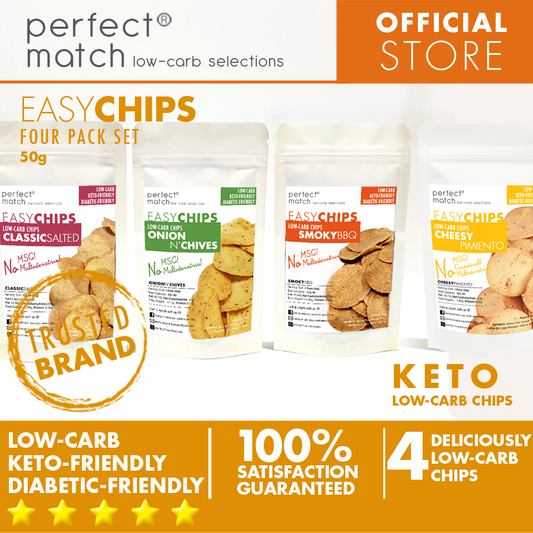 PerfectMatch Low-carb® l Keto Chips Four Pack Set l Classic, Onion N’ Chives, BBQ, Cheese l 50 grams l Sugar-free