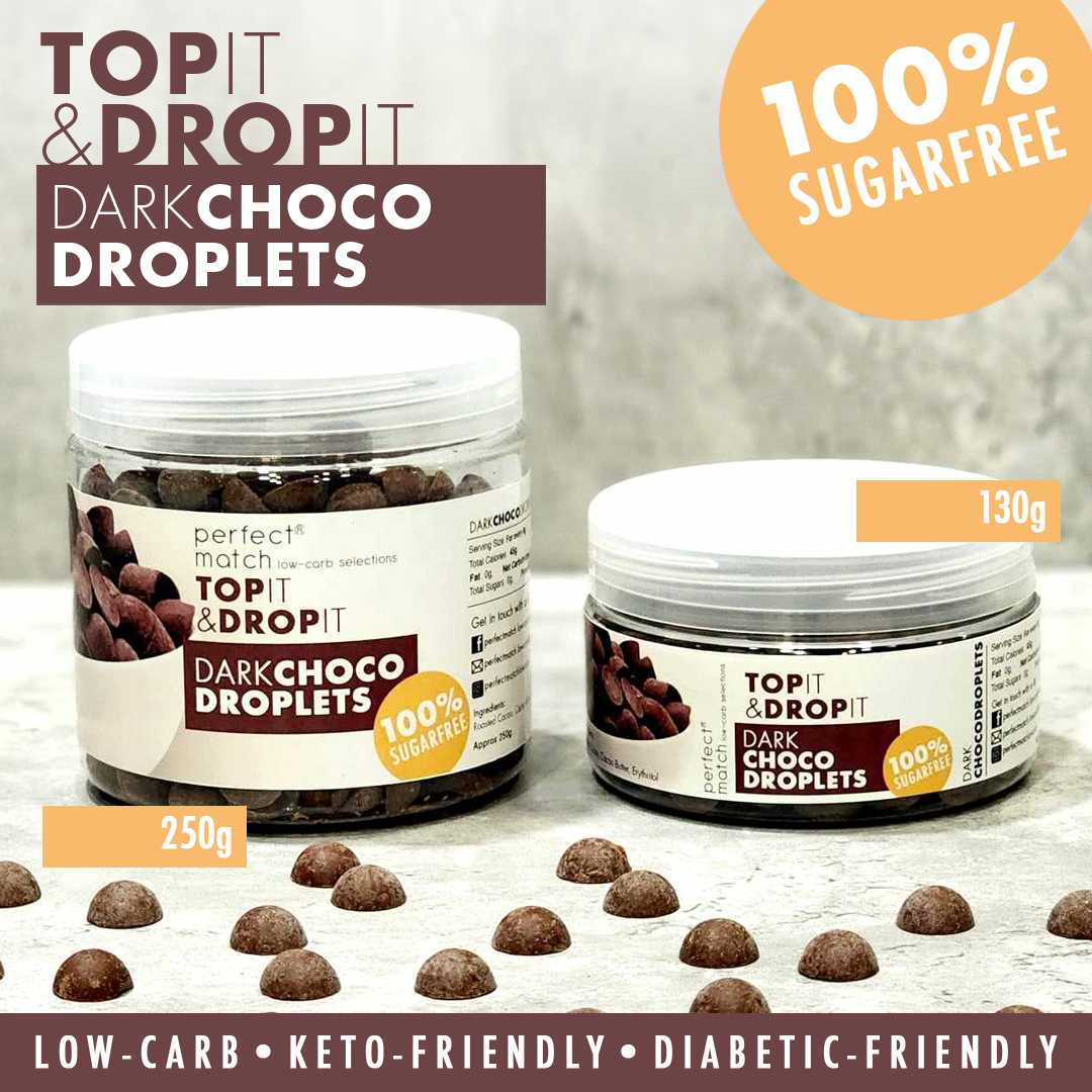 Perfectmatch Low-carb Dark Choco Droplets  is a Low-carb, Sugar-Free, Keto-Friendly, Diabetic-Friendly Chocolate droplet best for smoothies, baking or simply for snacking and made low-carb. Created by Low-carb practitioners and enthusiasts, Perfectmatch Low-carb Selections is a trusted brand in the Low-carb and Keto community.