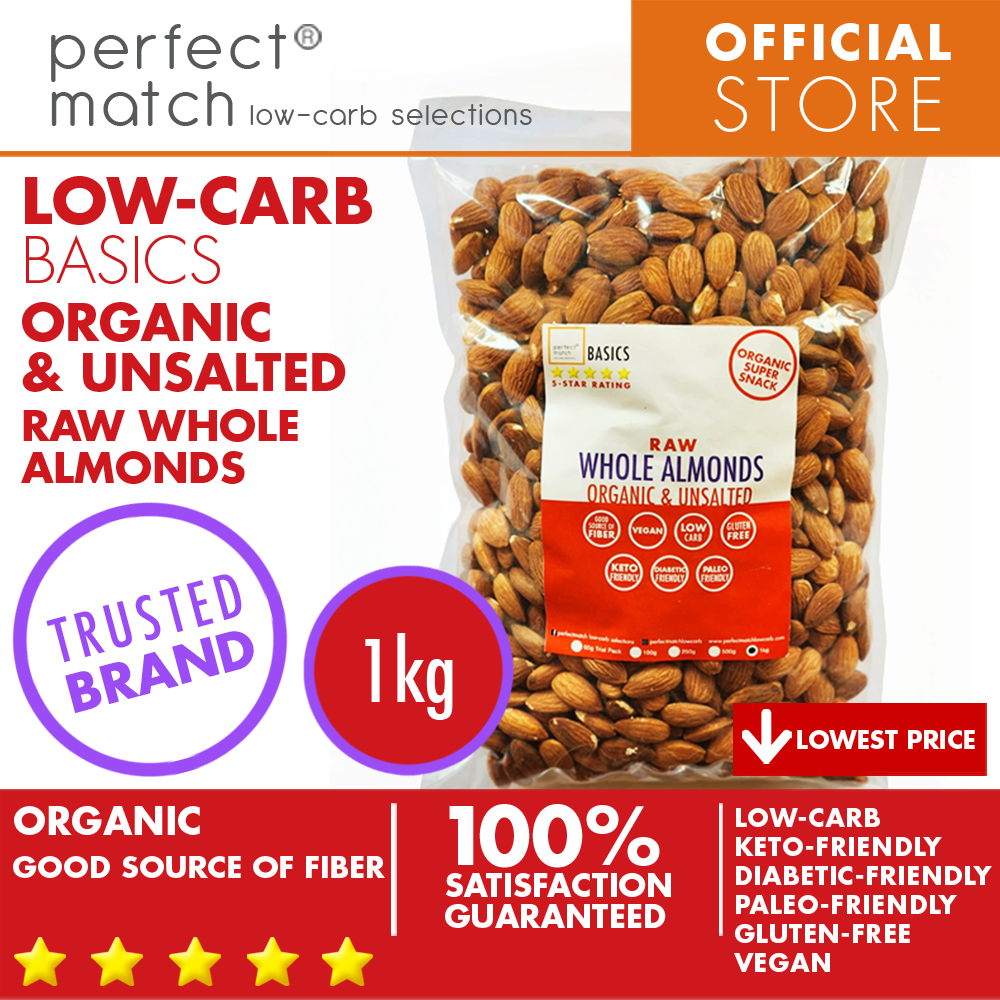 PerfectMatch Low-carb® l Raw Whole Almonds I Low-carb l Keto-Friendly l Paleo-Friendly l Gluten-Free l Diabetic- Friendly l Vegan l Good Source of Fiber 