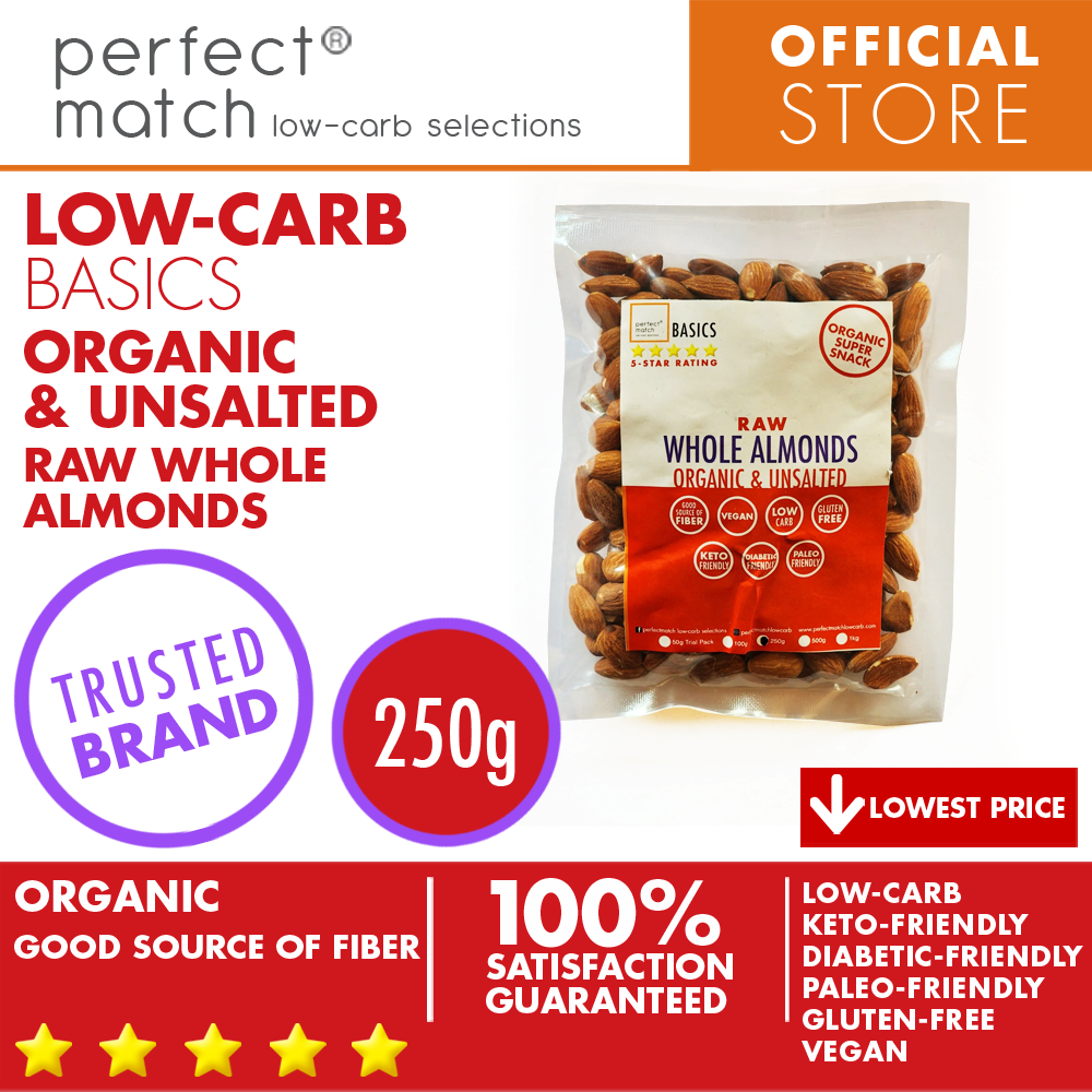 PerfectMatch Low-carb® l Raw Whole Almonds I Low-carb l Keto-Friendly l Paleo-Friendly l Gluten-Free l Diabetic- Friendly l Vegan l Good Source of Fiber 