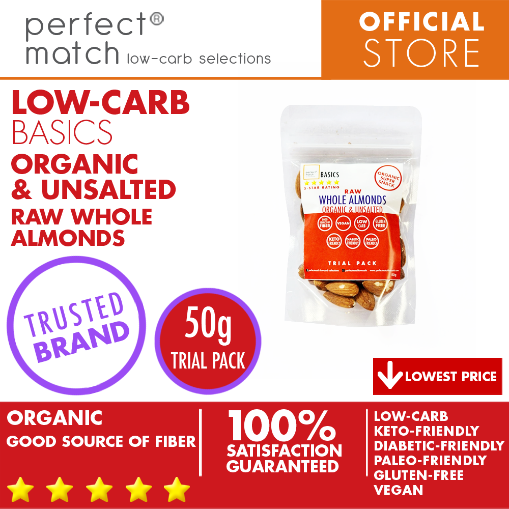 PerfectMatch Low-carb® l Raw Whole Almonds I Low-carb l Keto-Friendly l Paleo-Friendly l Gluten-Free l Diabetic- Friendly l Vegan l Good Source of Fiber 
