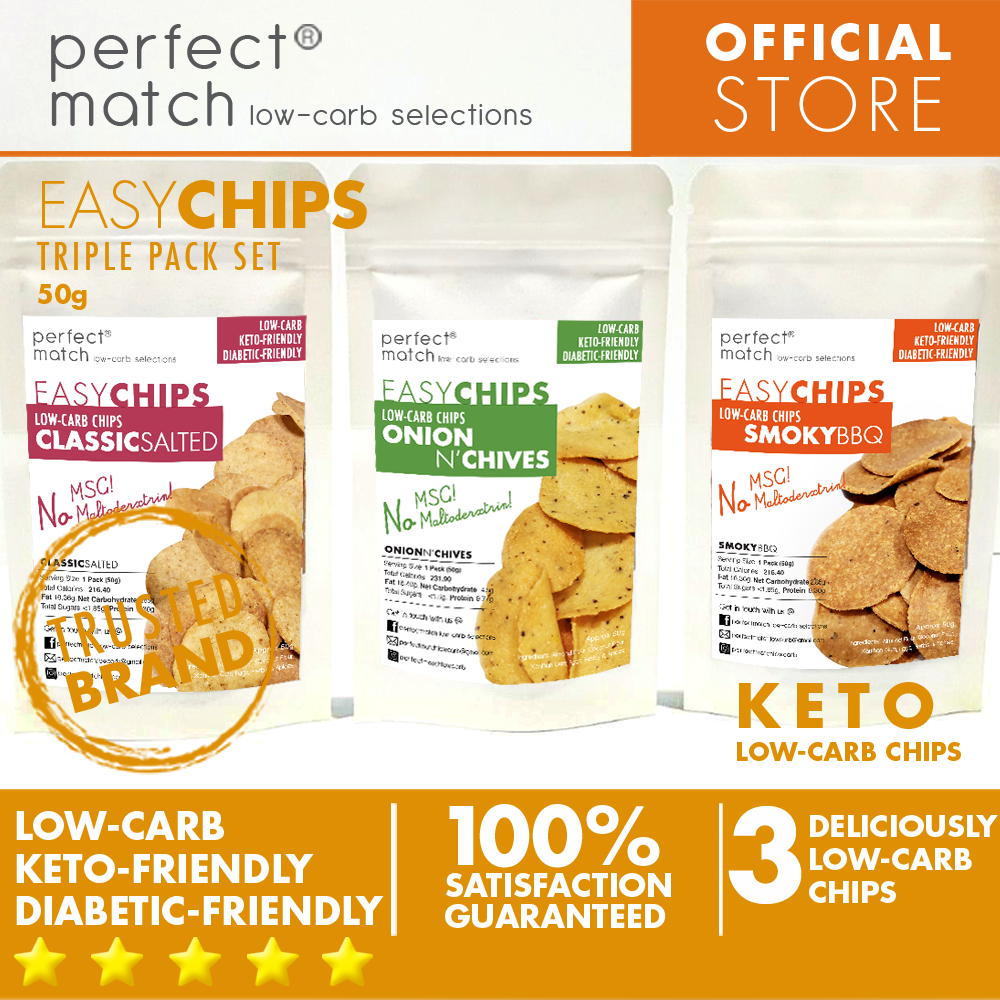 PerfectMatch Low-carb l Keto Chips Triple Pack Set l Classic, Salt N’ Lime, BBQ l 50 grams l Sugar-free