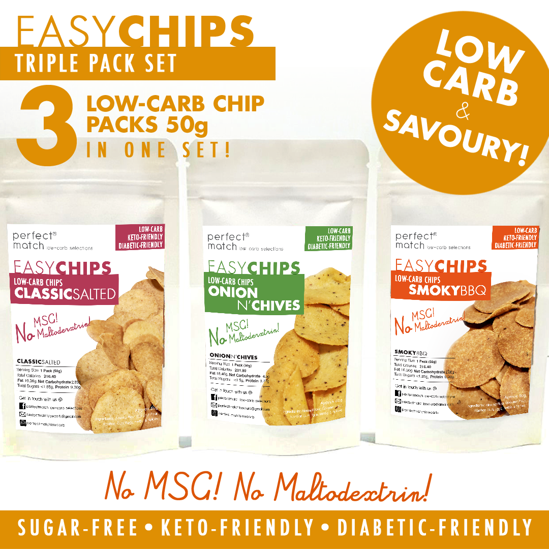 PerfectMatch Low-carb l Keto Chips Triple Pack Set l Classic, Salt N’ Lime, BBQ l 50 grams l Sugar-free